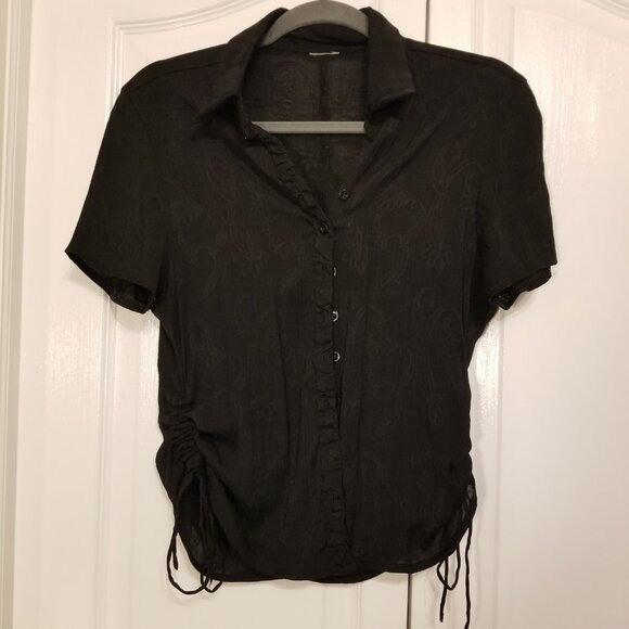 Vintage Sheer Textured Paisley Jacquard Cropped Black Button up Rouched Shirt - Picture 4 of 10